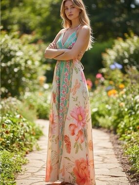 NWT Floral Halter Maxi Dress in Peach and Green